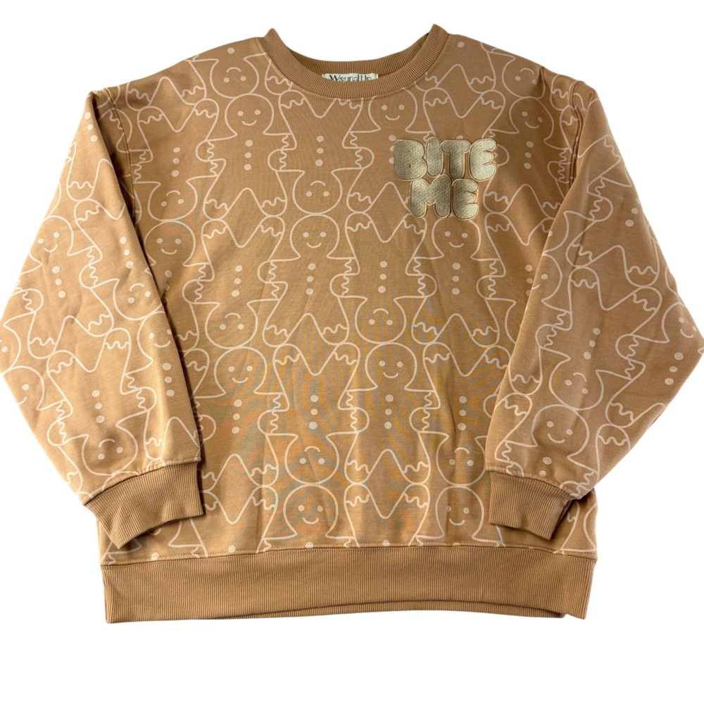 371 Gingerbread Sweatshirt M Brown Bite Me Holiday Funny Christmas Ugly Pullover